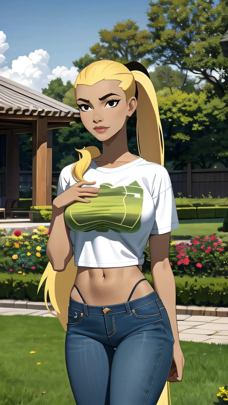 (cowboy shot), (masterpiece, best_quality, ultra-detailed, immaculate:1.3), epic, illustration,
BREAK
ArtemisYJ, ponytail,super long hair,
(Crop plan White t-shirt ),jeans,medium breast 
BREAK
(courtyard, garden, outdoors, gorgeous view)