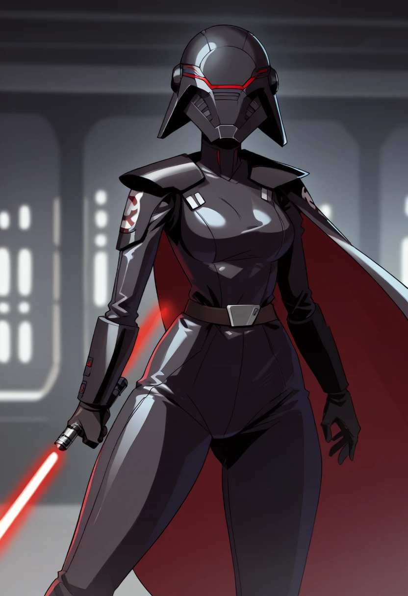 score_9, score_8_up, score_7_up, score_6_up, 2d, rating_questionable, rating_safe, BREAK hera syndulla , helmet with red visor, star wars, armor,black gloves,tight bodysuit,black cape,black pants, close up, solo, standing, front view, medium breasts, wide hips, holding lightsaber, double edged, action pose, red blade, indoors, sith base, science fiction,