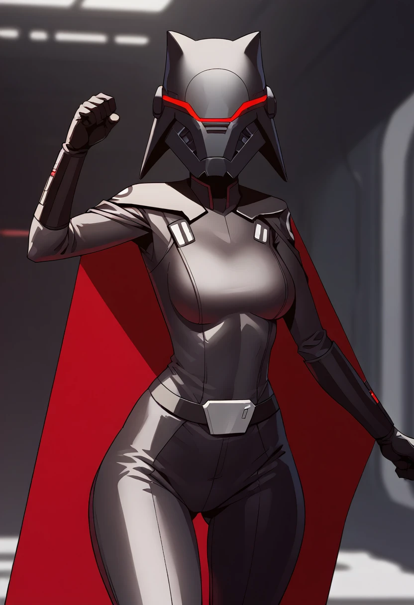 score_9, score_8_up, score_7_up, score_6_up, 2d, rating_questionable, rating_safe, BREAK hera syndulla , helmet with red visor, star wars, armor,black gloves,tight bodysuit,black cape,black pants, close up, solo, standing, front view, medium breasts, wide hips, holding lightsaber, double edged, action pose, red blade, indoors, sith base, science fiction,