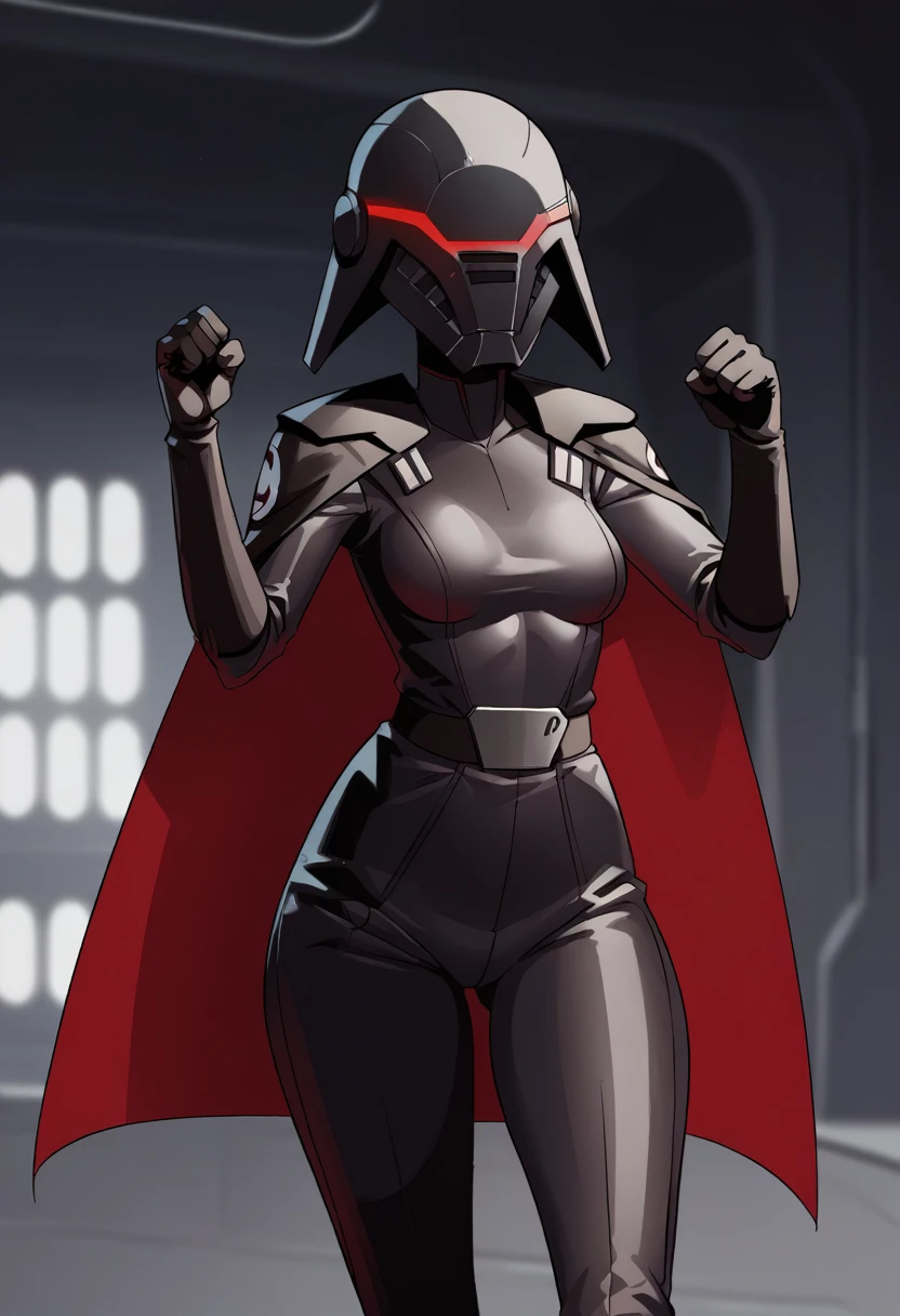 score_9, score_8_up, score_7_up, score_6_up, 2d, rating_questionable, rating_safe, BREAK hera syndulla , helmet with red visor, star wars, armor,black gloves,tight bodysuit,black cape,black pants, close up, solo, standing, front view, medium breasts, wide hips, holding lightsaber, double edged, action pose, red blade, indoors, sith base, science fiction,
