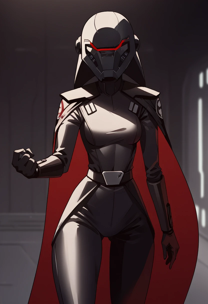 score_9, score_8_up, score_7_up, score_6_up, 2d, rating_questionable, rating_safe, BREAK hera syndulla , helmet with red visor, star wars, armor,black gloves,tight bodysuit,black cape,black pants, close up, solo, standing, front view, medium breasts, wide hips, holding lightsaber, double edged, action pose, red blade, indoors, sith base, science fiction,
