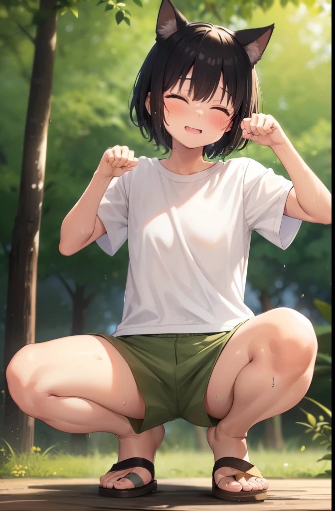 forest,smile,Squat,Cat ear,PAW Pose,close your eyes,1. Small  ,short hair,Black Hair,blush,White T-shirt,Olive green shorts,Brown Sandals,White skin,summer,From below,shy,Sweat,Open your mouth wide,sun,Wet,Sweatだく,tooth