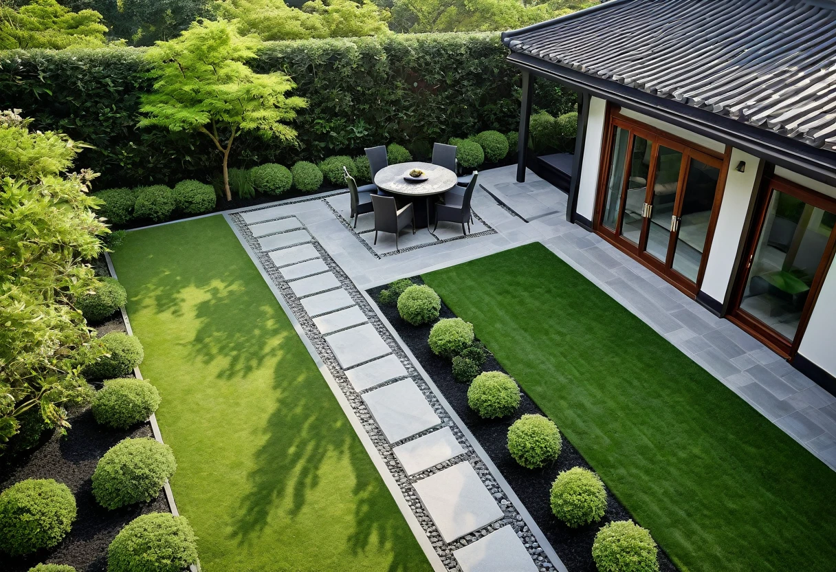 An aerial view of a beautifully designed modern European garden with a hint of Asian influence, featuring a sleek gazebo with a contemporary roof design, surrounded by lush green lawns, small grassy hills, and vibrant flowers. Shot with a high-quality DSLR camera, the smooth stone pathway winds through the garden, leading to a spacious BBQ area with a stylish grill and modern outdoor dining furniture. The pathway also leads to a sleek, modern gazebo with minimalist chairs and a table. The garden includes multiple grassy areas, small mounds forming gentle hills, a serene pond with a waterfall cascading over a hòn non bộ rock formation, and small clear ponds, incorporating Asian-inspired plants that add tranquility to the setting. Soft, ambient lighting enhances the cozy atmosphere. Shallow depth of field, focused foreground, bokeh background. ((8k)), high quality detail, harmonious and inviting garden.