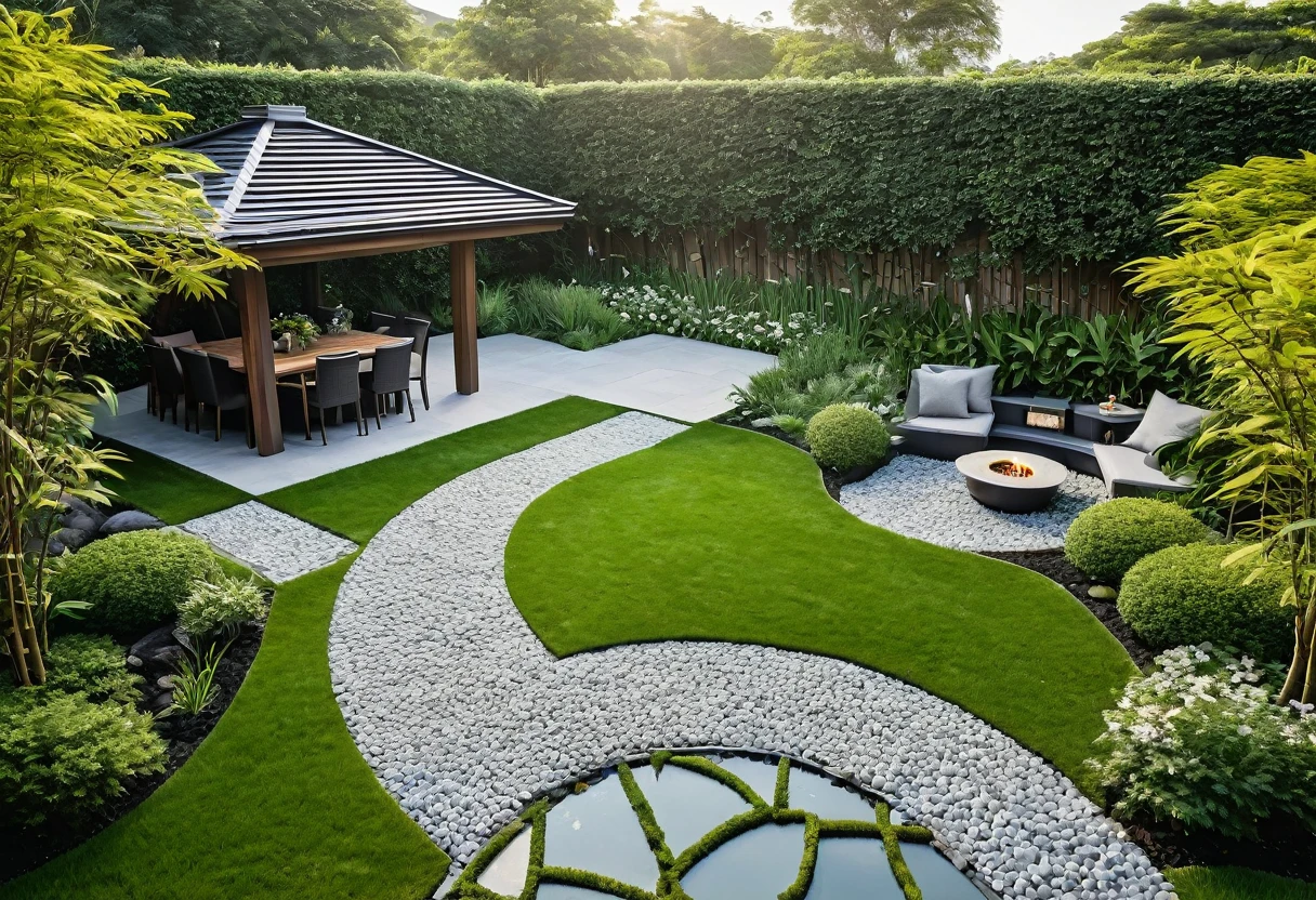An aerial view of a beautifully designed modern European garden with a hint of Asian influence, featuring a sleek gazebo with a contemporary roof design, surrounded by lush green lawns, small grassy hills, and vibrant flowers. Shot with a high-quality DSLR camera, the smooth stone pathway winds through the garden, leading to a spacious BBQ area with a stylish grill and modern outdoor dining furniture. The pathway also leads to a sleek, modern gazebo with minimalist chairs and a table. The garden includes multiple grassy areas, small mounds forming gentle hills, a serene pond with a waterfall cascading over a hòn non bộ rock formation, and small clear ponds, incorporating Asian-inspired plants that add tranquility to the setting. Soft, ambient lighting enhances the cozy atmosphere. Shallow depth of field, focused foreground, bokeh background. ((8k)), high quality detail, harmonious and inviting garden.