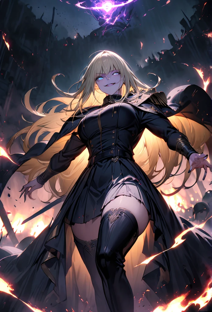 female, solo, sfw, Extremely high, tall female, muscular:1.4, blonde, long hair, straight hair, Blue eyes, evil smile, black uniform, military uniform, nail, cape, segmented skirt, thigh boots, night, battlefield, blood, Magic, antique uniform