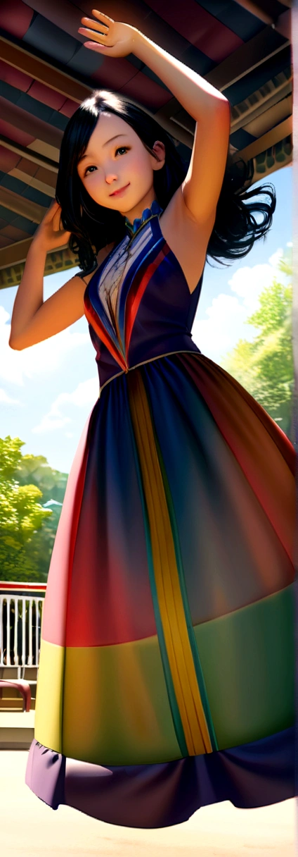 Cosplay, amusement park, smile, Dynamic pose, Dynamic Angle, Character Focus, 1 Girl, gorgeous detailed dress, Colorful Dresses, View the viewer, Underarm, Depth of written boundary, Detailed photorealistic backgrounds, Diffused natural light, Diffused, natural skin glow,