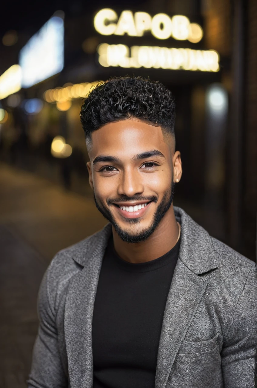 Black 25 yrs old male, handsome, night life smiling, lower fade crespo hair