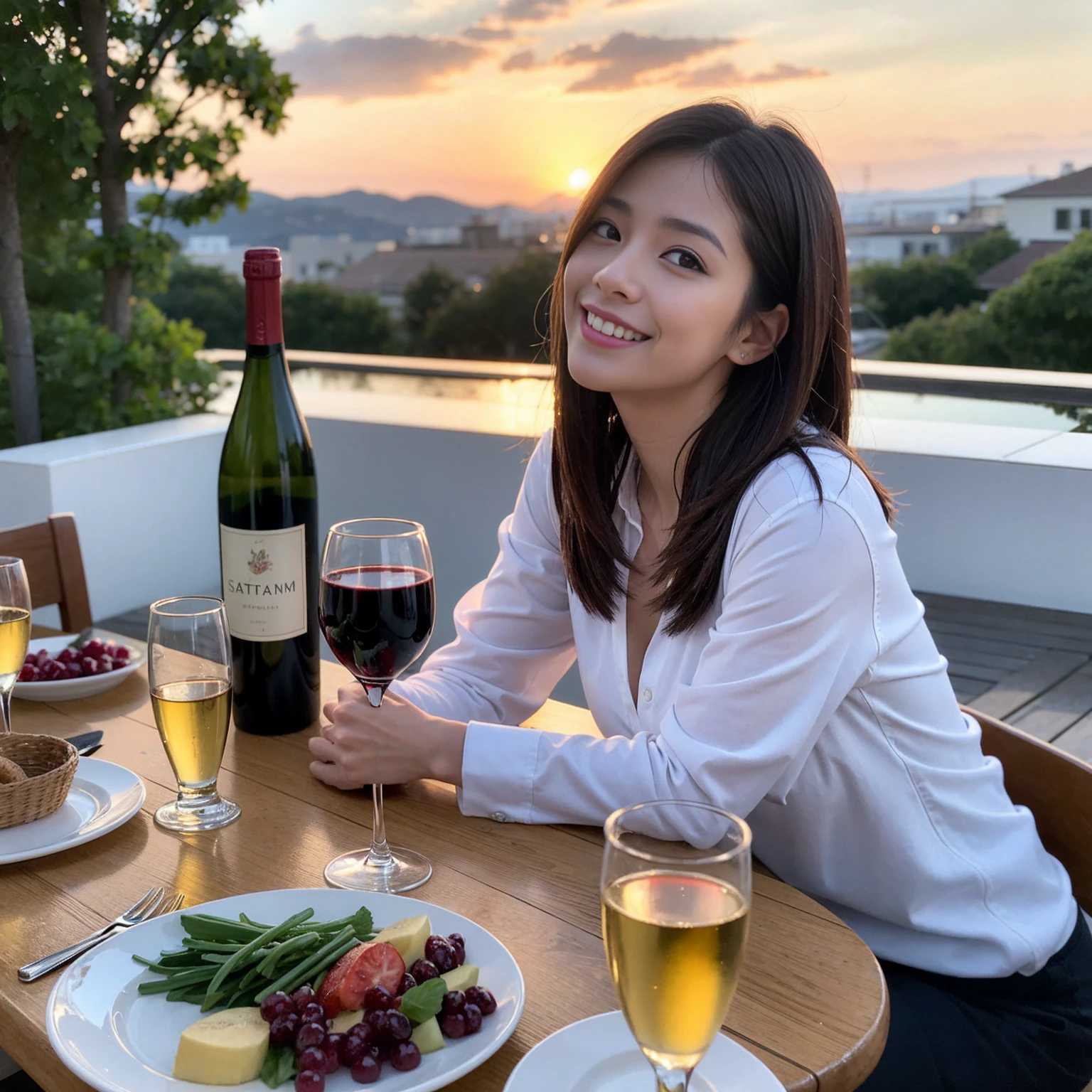 ((Highest quality、、masterpiece:1.3))、1 male、1 female、Satomi Ishihara、 36 years old、Slim Beauty、Pink Couple、smile、 (Slim face), (the body is スリム), (Brown Hair), (Shortcuts), テーブルのフルコースディナーとwine glass、Amazing view of the sunset sky and clouds、smileの美しさ、Wine bottle、sparkling wine、Long sleeve shirt、dress、White wine, red wine, wine glass, 