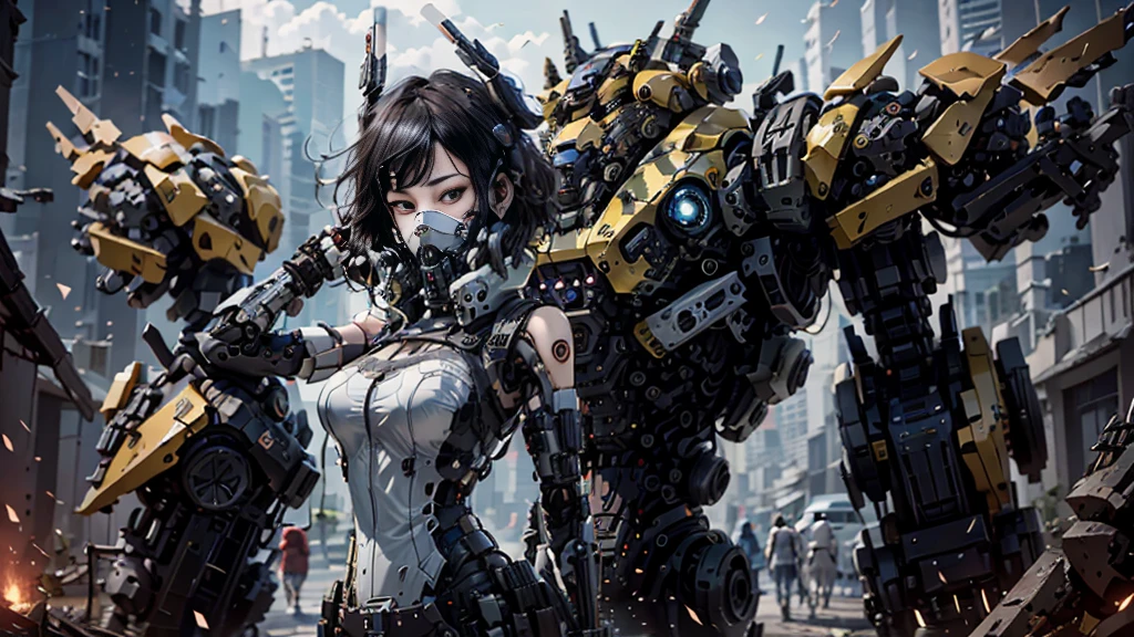 This is a CG Unity 8k wallpaper with ultra-detailed, high-resolution and top quality in cyberpunk style, dominated by black and red. In the picture, a beautiful girl with white messy short hair, a delicate face, wearing a steam mecha mask, standing on the ruins, behind her is a huge robot, and the action of a woman holding a heavy sniper rifle in her hand,