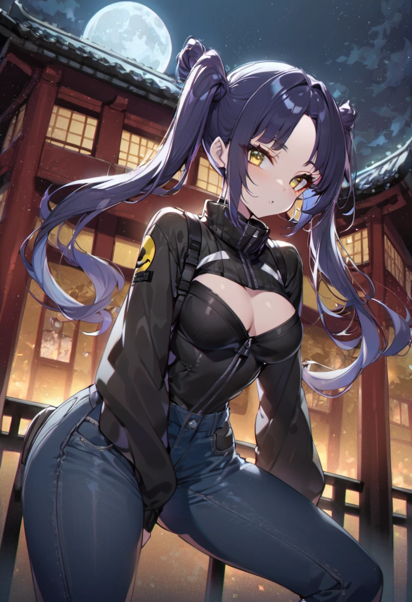 (One very tall woman,Dark navy blue hair,Her hairstyle is twin tails that expose her forehead.,Medium chest,yellow eyes)Black Techwear,Jeans pants,Background is a Japanese mansion at night