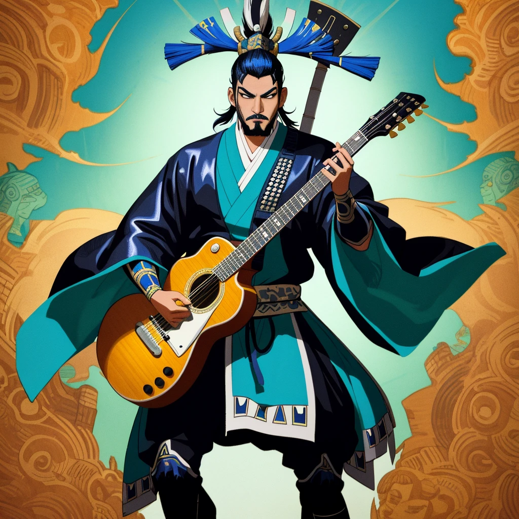 a man dressed in a Mexican costume playing a guitar, high detailed Arte , Crisp, high-quality illustrations, detailed image, stylized digital illustration, mexican warrior, rude composition, full color digital illustration, character artwork, shamanpunk, art deco shaman, Official character art, mexican folklore, black bull samurai, Masamune Shiro, headquarters artwork