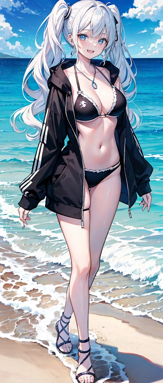 High resolution, high resolution,2D Anime Style,,Cool woman,Gal,tall,20th Generation,White hair long hair,Curly hair twin tails,Light blue eyes,Gal,Beautiful watch,Beautiful earrings,Lots of beautiful necklaces,Black Bikini,Opened hoodie,He is smiling,Has fangs,whole body,Walking on the beach,