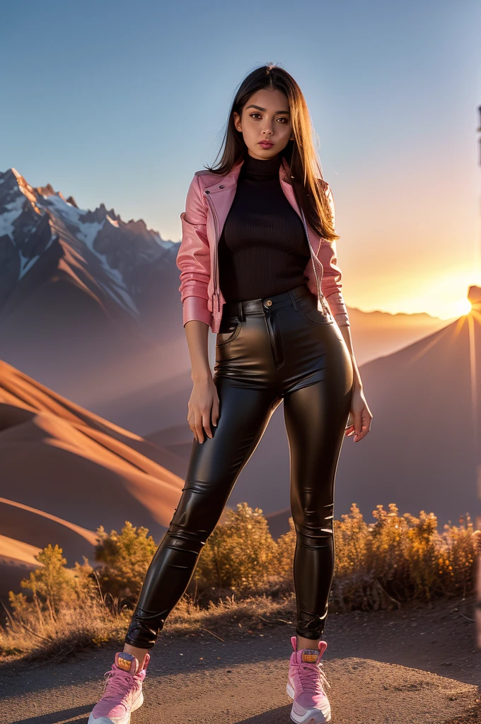 realistic image, high quality, a young woman, posing, tez blanca, long straight dark hair, Brown eyes, eyelashes, light makeup, pink lips, attractive facial features, natural breasts, thin waist, thin legs, with a black leather jacket and cargo pants, in the background a mountain and a sunset.