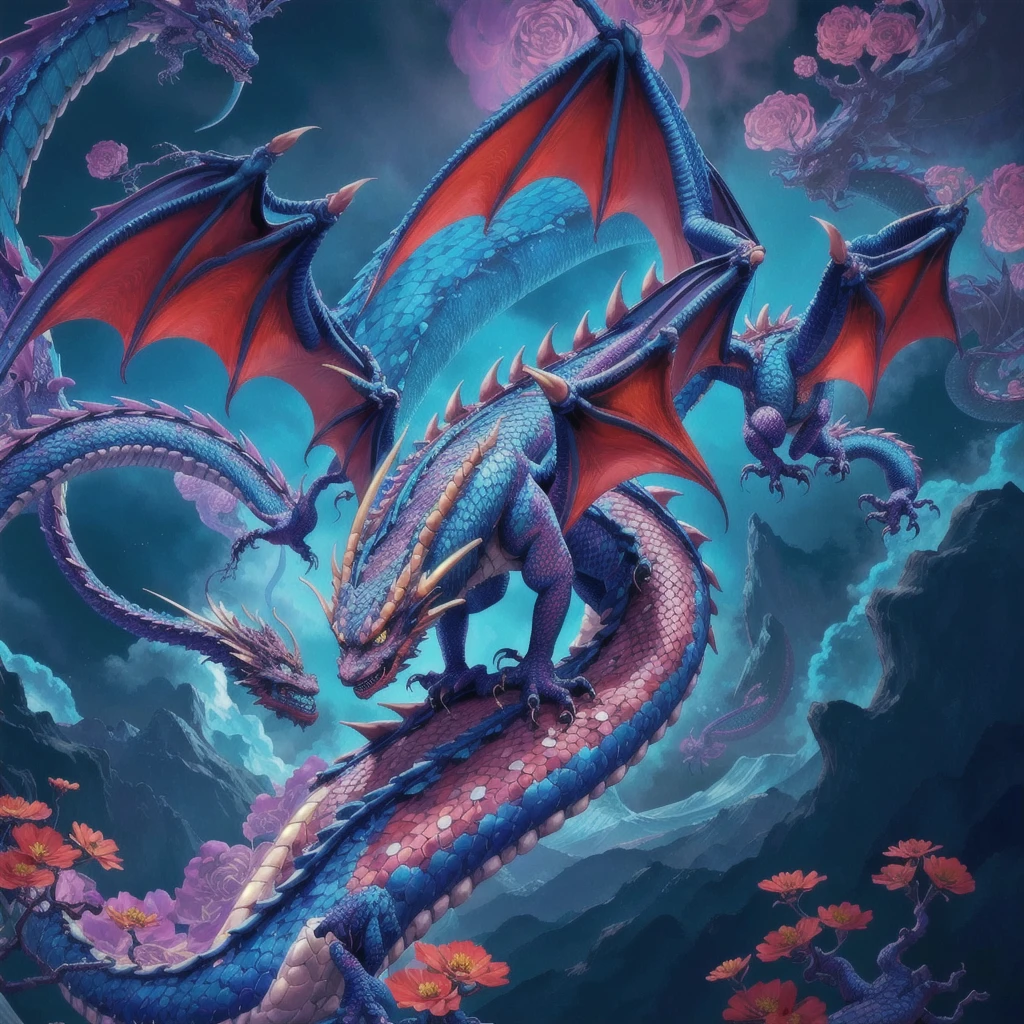 Top quality, best quality, Official Art, beautiful and aesthetic, (dragon core:1.3), Extremely detailed, Fractal Art, Colorful flowers, The most detailed, tangled, Dynamic poses, Blue Background, Many colors, Chinese dragon on cloudy sky,Hovering，4K，
