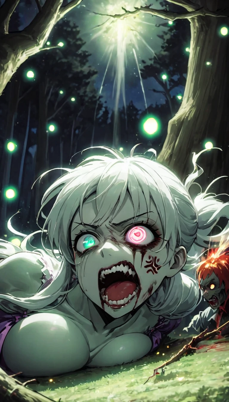 Highest quality, Super quality, 16K, Incredibly absurd, Very detailed, 2.5D, delicate and dynamic, Dark Forest, spooky night, Small faint lights and flying fireflies, night, lightning, bat, Poisonous spiders, , Small face, Extremely delicate facial expression, Delicate eye depiction, Upper body close-up, erotic,, sole beautiful sexy zombie lady, healthy shaped body, 22 years old lady, zombie, 170cm tall, big firm bouncing busts, 中国風zombie, 複雑な構造のzombieの衣装, Bloody Face, anger, fight, Thick tree branches entangle my whole body, Hit a tree, Flame throwing from the mouth, Throwing flames at trees, Burn down the forest