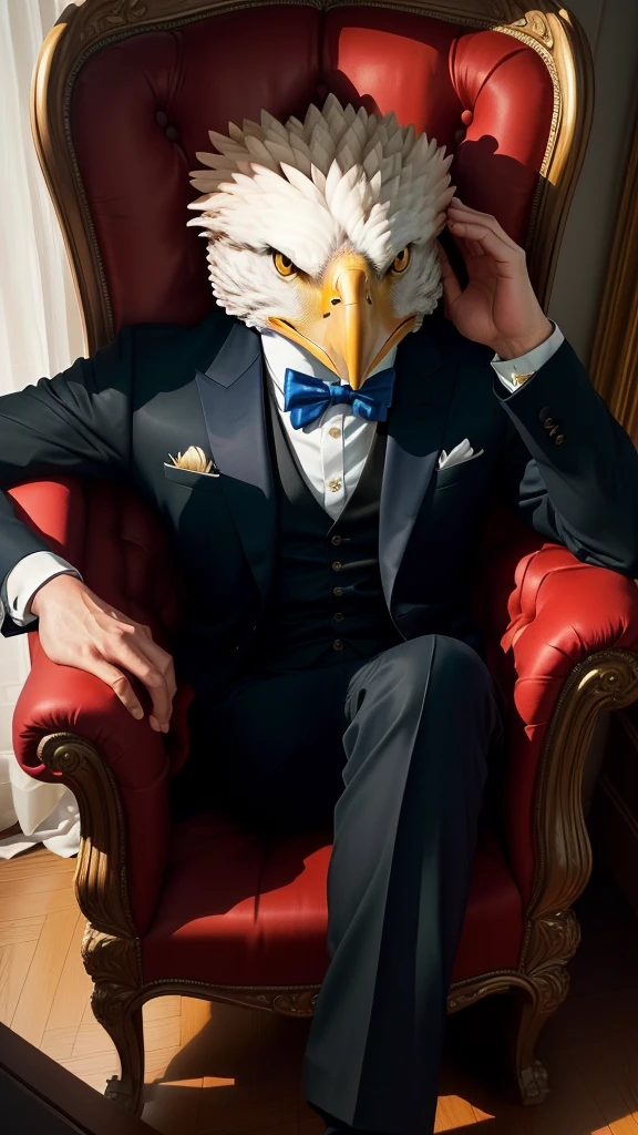 Anthropomorphic eagle wearing a suit,Sitting in a chair like a company president, YouTube video screenshot, The bird is wearing a bow tie, still from live action movie, Live-action movie scenes, Threatening gaze, gentleman, Very emotional, Music video screenshot,
