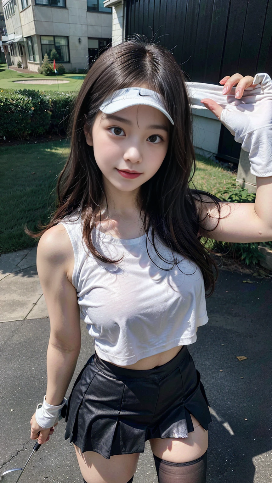 very detailed CG Unity 8k 壁紙, best quality, very detailed, tabletop, realistic, like the picture, very detailed美しい女性, 22 year old student、(((big bust)))、(Tight golf wear) , (Golf Mini Skirt) , (wearing golf gloves)、wear a sun visor, round eyes, ((The shape of the nipple is visible from the top of the clothing.))、realistic female hands, blush, laugh, Spread your lips, full body shot, ((Golf wear that fits your body perfectly))、Golf Course、stand upright、Muchimuchi Body