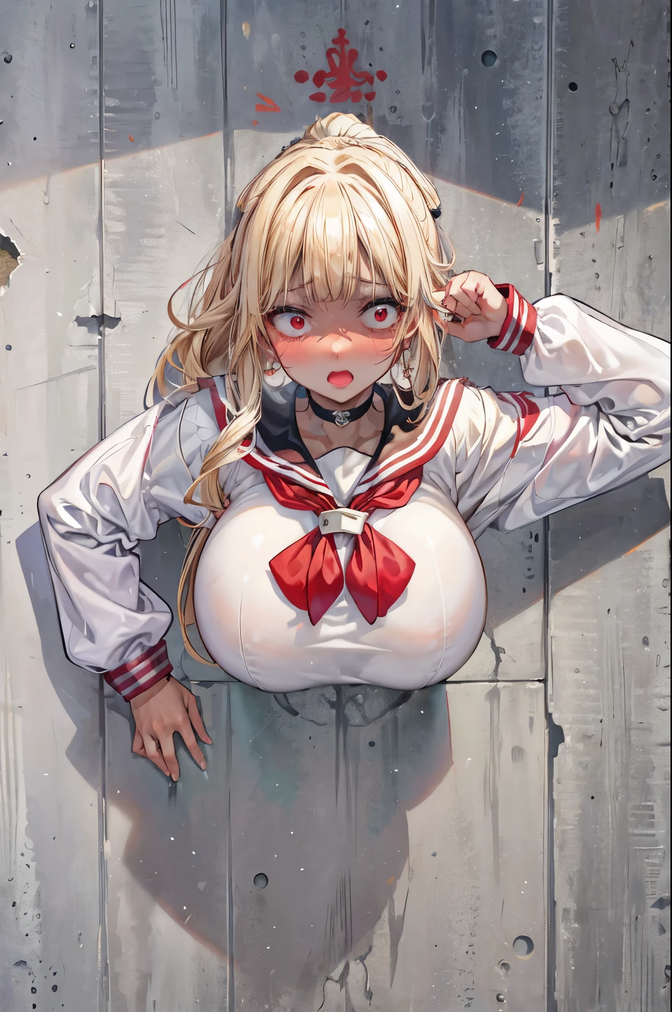 (masterpiece:1.2、Highest quality、Tmasterpiece)、1 female、alone、classroom、Day、stand、beauty、blonde、ponytail、Red eyes、(Sailor suit:1.4)、(Dark Skin:1.4)、break、Big Breasts、Long sleeve、corset、Earrings、lipstick、choker、blush、Covered breasts、Bangs braids、(Thick lips:1.2)、(glory wall:1.2)、(stuck:1.2)、(through wall:1.2)、((scared expression))、open mouth