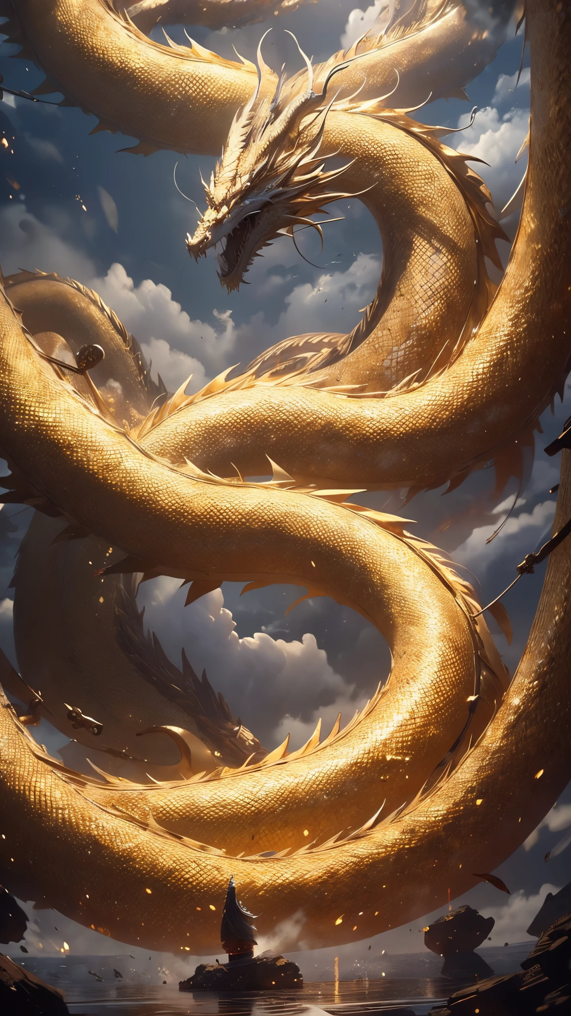 (tmasterpiece), (Best quality at best), Cinematic quality，Rendered by Octane，Ultra-detailed details，Cloud dragon composed of white clouds，gold dragon,Huge Chinese dragon，Slender dragon body，body of revolution，Dragon tail，Dragon's Horn，dragon claw，