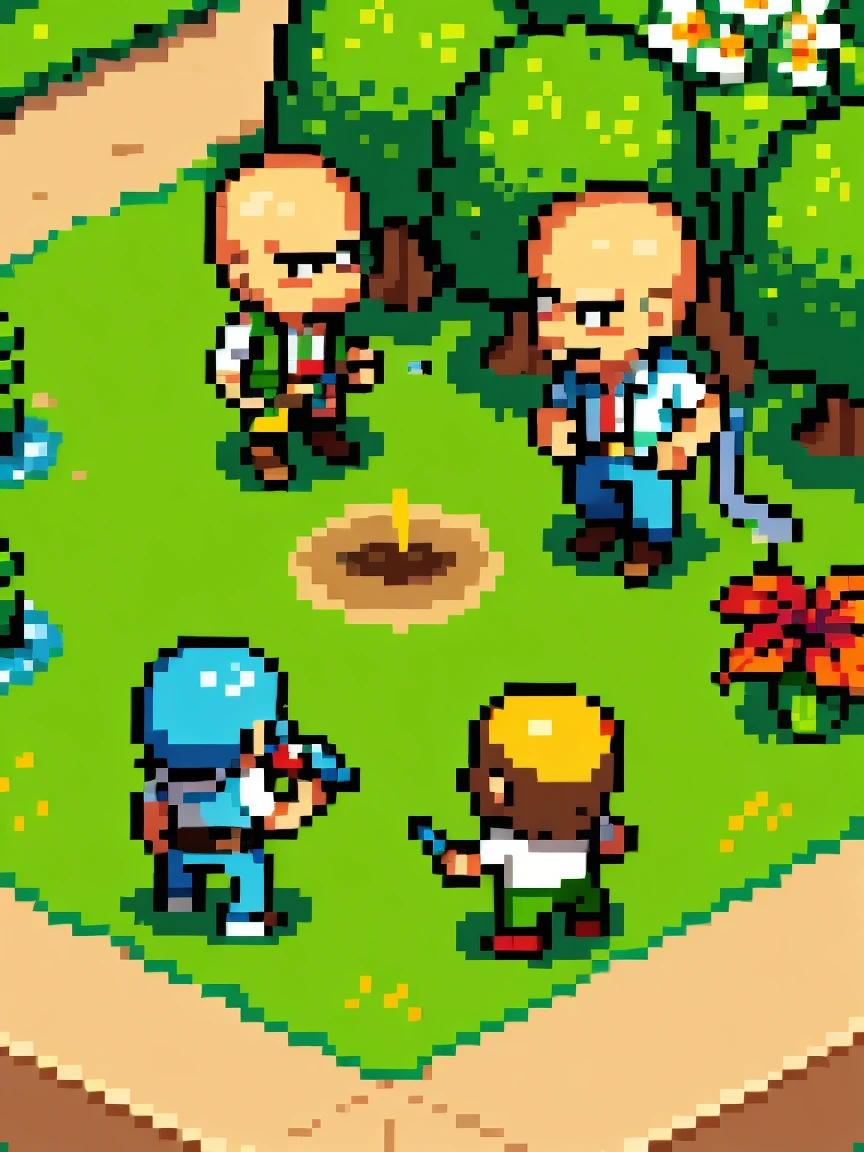 (masterpiece), (best quality), (detailed), Line Art, sketch, crazy dave from the game plants vs Zombies, crazy dave is watering his plants on his garden, Zombies are walking towards the garden, Zombies, sunlight, Sunlight, daytime, landscape, A top-down view, garden, Warm colors, Pixel Art, 
