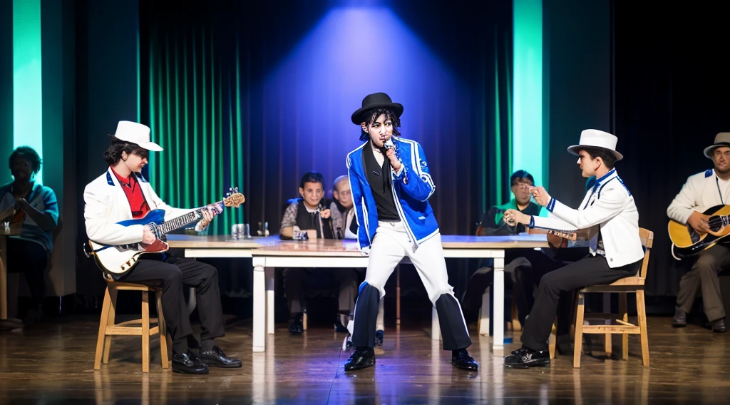 Photorealistic image of a 7-year-old boy performing on a makeshift stage in the school cafeteria. The boy is autistic and is dressed like Michael Jackson in the 'Smooth Criminal' music video. He is giving an amazing performance that surprises all adults. There are foreigners filming his performance with cameras. The boy has short, dark hair and wears a white hat, a white jacket with a blue stripe, white pants and black shoes. The café has tables and chairs in the background, and the lighting highlights Vicente in his work.