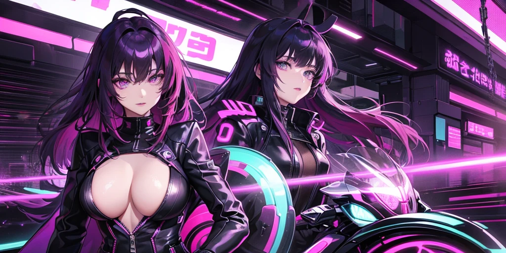 He transports me to a cyberpunk world full of mystery and futurism. I imagine this anime girl on her cyberpunk motorcycle, surrounded by neon lights in a night city. His purple and black suit., The shiny chains and her red hair create an intriguing image.. The motorcycle, with its shiny surface and cat-shaped helmet, adds a touch of enigma. He'it's like her'You're ready for an exciting nighttime adventure.!! .