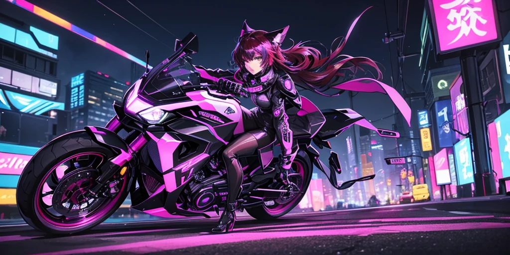 He transports me to a cyberpunk world full of mystery and futurism. I imagine this anime girl on her cyberpunk motorcycle, surrounded by neon lights in a night city. His purple and black suit., The shiny chains and her red hair create an intriguing image.. The motorcycle, with its shiny surface and cat-shaped helmet, adds a touch of enigma. He'it's like her'You're ready for an exciting nighttime adventure.!! .