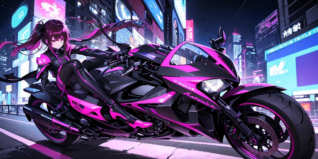 He transports me to a cyberpunk world full of mystery and futurism. I imagine this anime girl on her cyberpunk motorcycle, surrounded by neon lights in a night city. His purple and black suit., The shiny chains and her red hair create an intriguing image.. The motorcycle, with its shiny surface and cat-shaped helmet, adds a touch of enigma. He&#39;it&#39;s like her&#39;You&#39;re ready for an exciting nighttime adventure.!! .