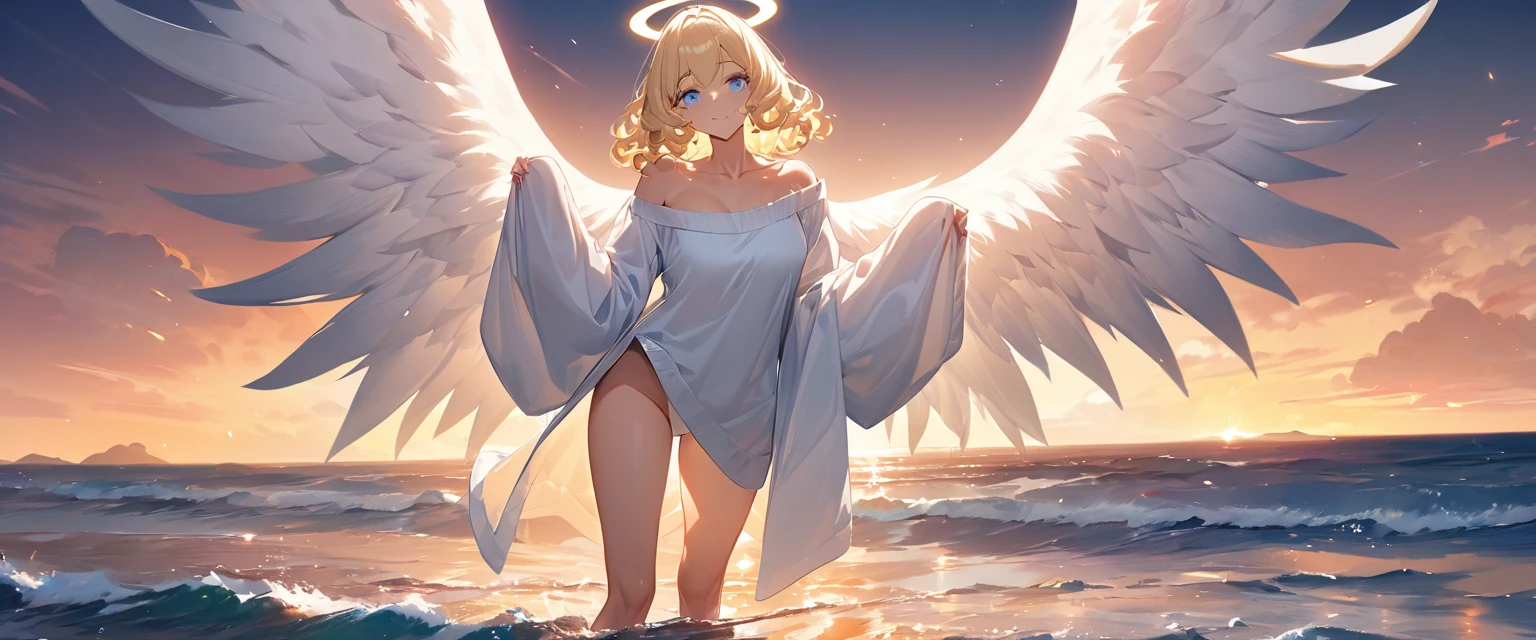 Sexy hot blonde girl, medium breasts, wide hips, thick thighs, floating in the air, naked, with big white wings, serene, godly, erotic, detailed, lightly tanned, full frontal