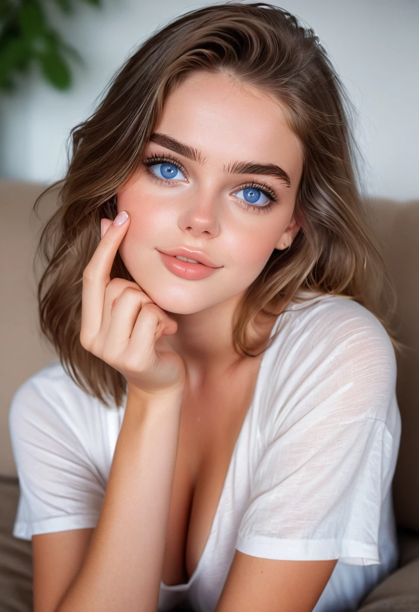 core_9, score_8_up, score_7_up, score_6_up, beautiful woman, cute face, shy, kinky smile, extreme ultra detailed perfect eyes, deepth blue eyes , 20yo, nose blush, big breast, loose-fitting short sleeves, sitting in a couch, (head tilted) ,eyes contact, lot of desire for the viewer, side portrait , face focus , pov , indoor, inside home, in living room, ,RAW photo,realistic,volumetric lighting, depth of field,cinematic,close-up,(gesture),(Love Hand Gesture),