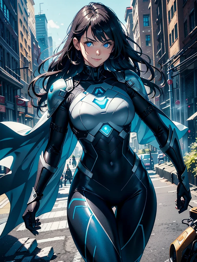 16K, HDR,UHD, RTX, ray tracing, chiaroscuro, best quality, masterpiece, ethereal, perfect illustration, digital artwork, trending on artstation, jaw-dropping perfection, ultra realistic, textured amazing lighting effects, perfect shadows, WLOP, 1girl, beautiful mature edgy woman in a cool long jacket and black pants, superhero suit, stomach covered by clothing, shoulder-length hair, shoulder-length hair, wavy hair, black hair, highly detailed glowing blue eyes, glowing eyes, blue eyes, beautiful glowy blue eyes, detailed eyes, beautiful face, perfect anatomy, broad shoulders, strong upper-body, modern city, city, beautiful weather, stunning sunshine, sunny, daylight, sunlight, modern, nature, daytime, superhero, uplifting, heroic, heroic pose, smiling, smiling at camera, athletic, hands near hips, glowy eyes, daytime, black and blue superhero suit, metal shoulder-pads, summertime, radiant sunlight, beautiful cityscape, hair blowing in wind, manly shoulders, big smile, wide smile, happy eyes, joyful, smiling with teeth, very tall, wide shoulders, tall