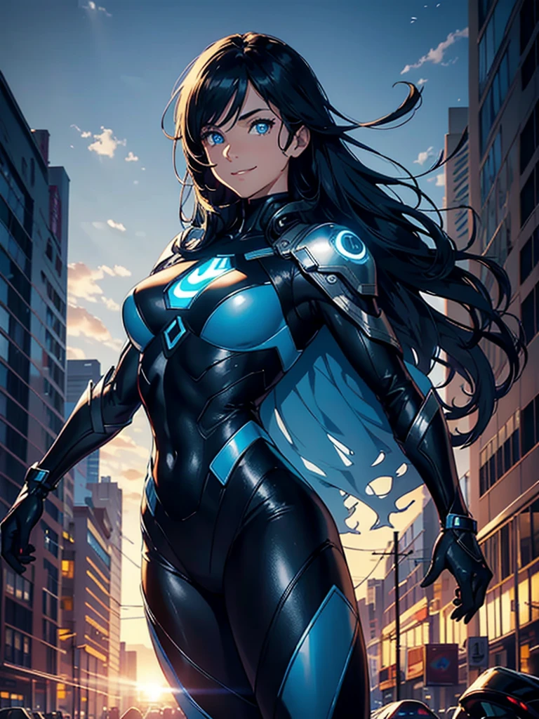 16K, HDR,UHD, RTX, ray tracing, chiaroscuro, best quality, masterpiece, ethereal, perfect illustration, digital artwork, trending on artstation, jaw-dropping perfection, ultra realistic, textured amazing lighting effects, perfect shadows, WLOP, 1girl, beautiful mature edgy woman in a cool long jacket and black pants, superhero suit, stomach covered by clothing, shoulder-length hair, shoulder-length hair, wavy hair, black hair, highly detailed glowing blue eyes, glowing eyes, blue eyes, beautiful glowy blue eyes, detailed eyes, beautiful face, perfect anatomy, broad shoulders, strong upper-body, modern city, city, beautiful weather, stunning sunshine, sunny, daylight, sunlight, modern, nature, daytime, superhero, uplifting, heroic, heroic pose, smiling, smiling at camera, athletic, hands near hips, glowy eyes, daytime, black and blue superhero suit, metal shoulder-pads, summertime, radiant sunlight, beautiful cityscape, hair blowing in wind, manly shoulders, big smile, wide smile, happy eyes, joyful, smiling with teeth, very tall, wide shoulders, tall