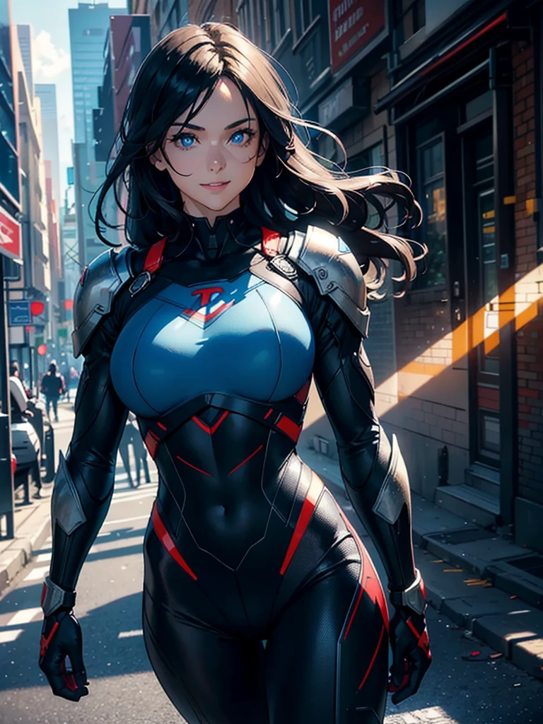 16K, HDR,UHD, RTX, ray tracing, chiaroscuro, best quality, masterpiece, ethereal, perfect illustration, digital artwork, trending on artstation, jaw-dropping perfection, ultra realistic, textured amazing lighting effects, perfect shadows, WLOP, 1girl, beautiful mature edgy woman in a cool long jacket and black pants, superhero suit, stomach covered by clothing, shoulder-length hair, shoulder-length hair, wavy hair, black hair, highly detailed glowing blue eyes, glowing eyes, blue eyes, beautiful glowy blue eyes, detailed eyes, beautiful face, perfect anatomy, broad shoulders, strong upper-body, modern city, city, beautiful weather, stunning sunshine, sunny, daylight, sunlight, modern, nature, daytime, superhero, uplifting, heroic, heroic pose, smiling, smiling at camera, athletic, hands near hips, glowy eyes, daytime, black and blue superhero suit, metal shoulder-pads, summertime, radiant sunlight, beautiful cityscape, hair blowing in wind, manly shoulders, big smile, wide smile, happy eyes, joyful, smiling with teeth, very tall, wide shoulders, tall
