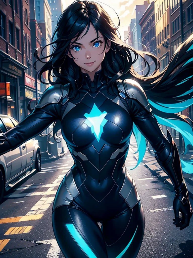16K, HDR,UHD, RTX, ray tracing, chiaroscuro, best quality, masterpiece, ethereal, perfect illustration, digital artwork, trending on artstation, jaw-dropping perfection, ultra realistic, textured amazing lighting effects, perfect shadows, WLOP, 1girl, beautiful mature edgy woman in a cool long jacket and black pants, superhero suit, stomach covered by clothing, shoulder-length hair, shoulder-length hair, wavy hair, black hair, highly detailed glowing blue eyes, glowing eyes, blue eyes, beautiful glowy blue eyes, detailed eyes, beautiful face, perfect anatomy, broad shoulders, strong upper-body, modern city, city, beautiful weather, stunning sunshine, sunny, daylight, sunlight, modern, nature, daytime, superhero, uplifting, heroic, heroic pose, smiling, smiling at camera, athletic, hands near hips, glowy eyes, daytime, black and blue superhero suit, metal shoulder-pads, summertime, radiant sunlight, beautiful cityscape, hair blowing in wind, manly shoulders, big smile, wide smile, happy eyes, joyful, smiling with teeth, very tall, wide shoulders, tall