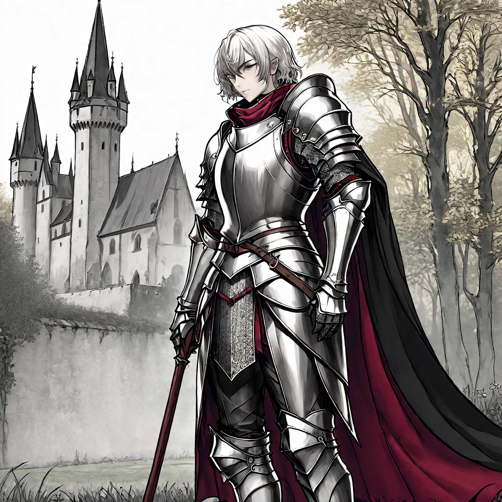 A knight in armor，Gorgeous clothes，Cane，Medieval European fantasy style，Line drawing style。Black and White、yellowish、Dark red main color。