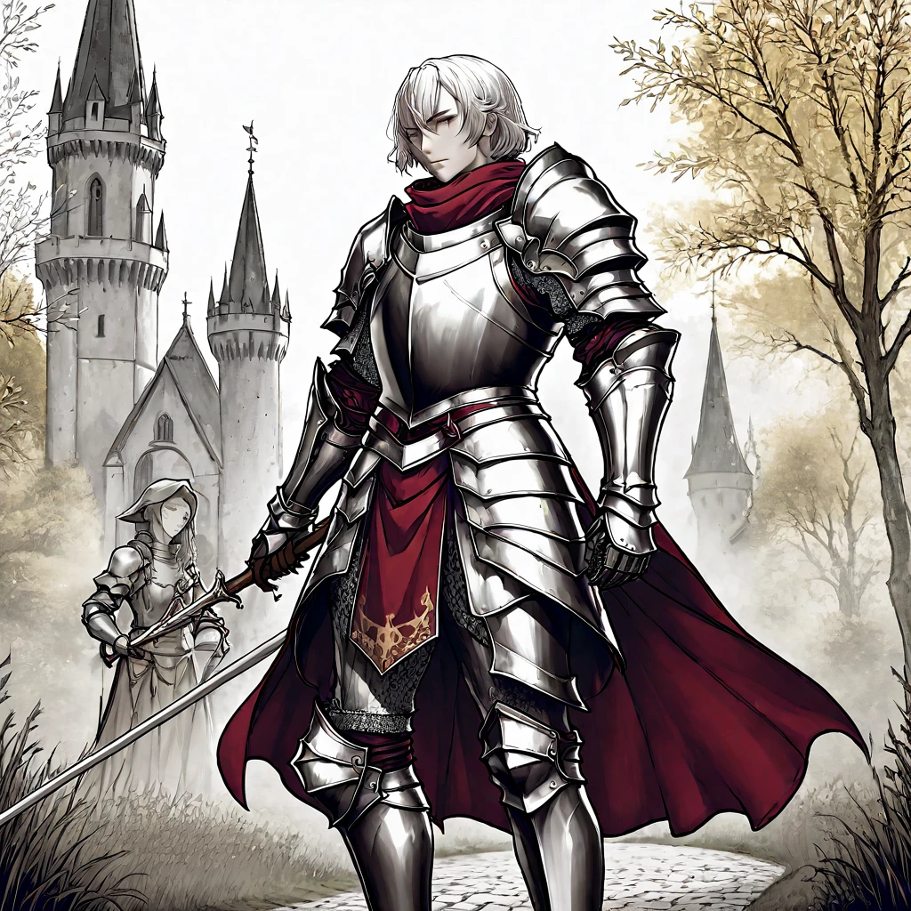 A knight in armor，Gorgeous clothes，Cane，Medieval European fantasy style，Line drawing style。Black and White、yellowish、Dark red main color。
