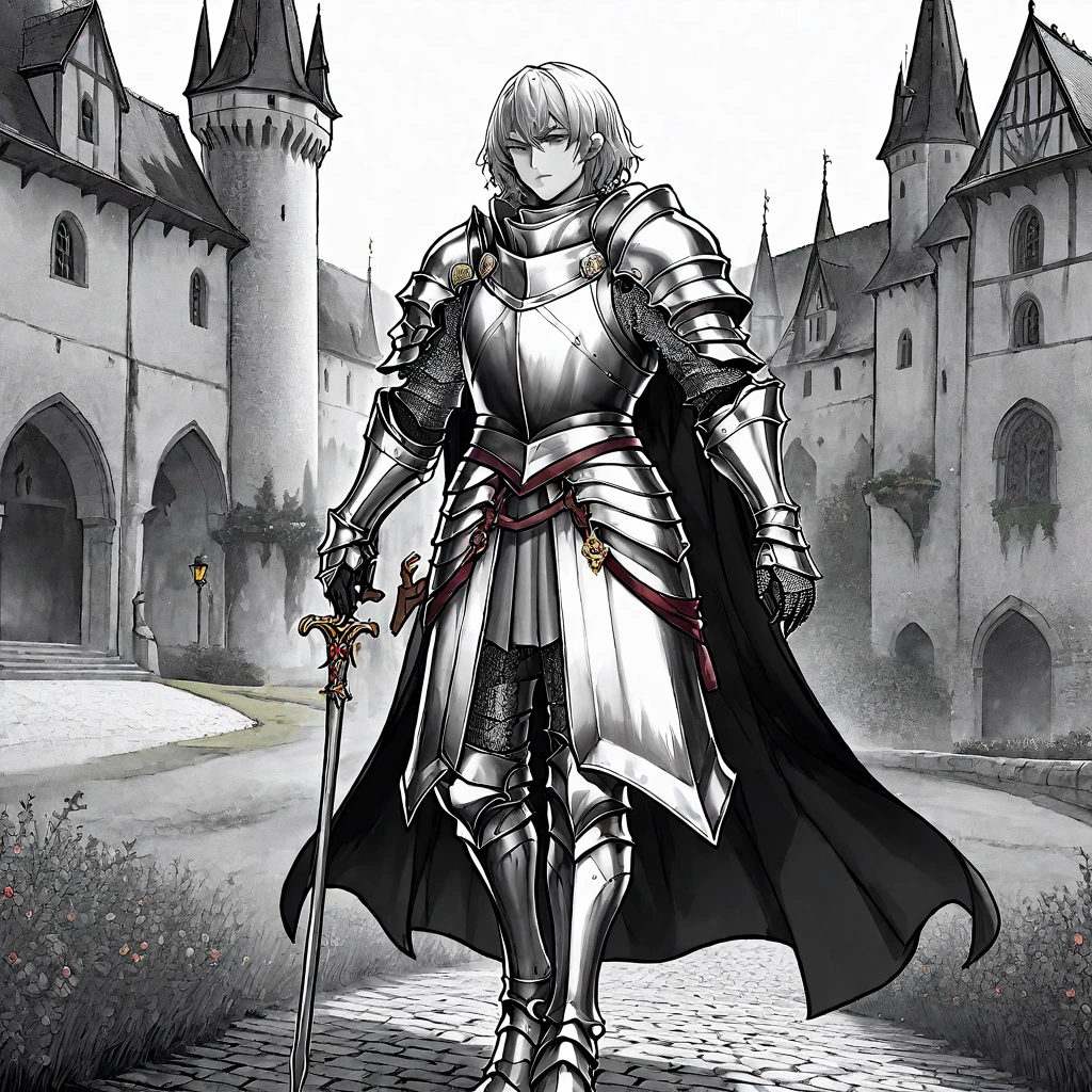 A knight in armor,Gorgeous clothes,Cane,Medieval European fantasy style,Line drawing style。Black and White、yellowish、Dark red main color。