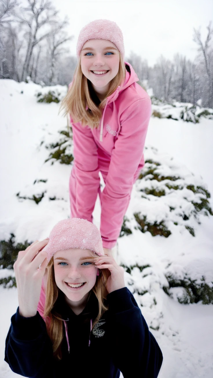 Pale natural blonde teenage girl with blue-green eyes in a black sweatshirt and pink pants taking photo in the snow smiling and having fun