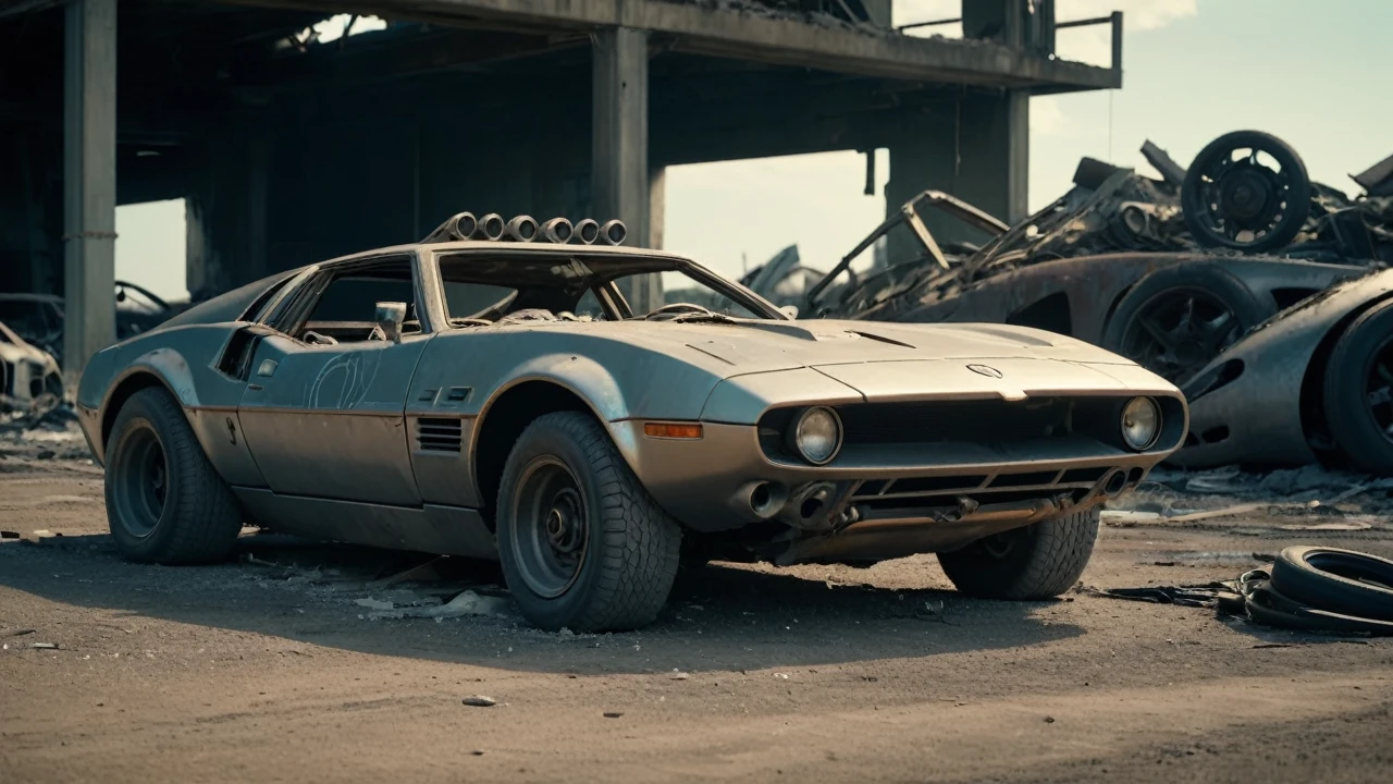 cinematic film still an futuristic cyberpunk, dieselpunk sports car in a destroyed Circuit after an nuclear blast . shallow depth of field, vignette, highly detailed, high budget, bokeh, cinemascope, moody, epic, gorgeous, film grain, grainy, high quality photography, 3 point lighting, flash with softbox, 4k, Canon EOS R3, hdr, smooth, sharp focus, high resolution, award winning photo, 80mm, f2.8, bokeh
, undefined
