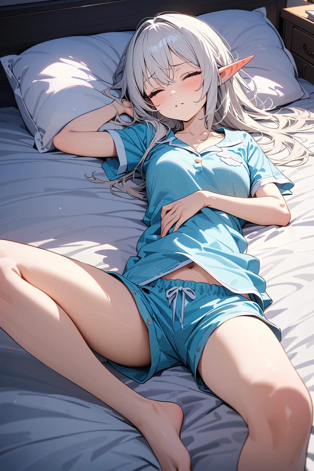 (masterpiece, best quality:1.5), (ultra detailed, high resolution, 8k, beautiful detailed, UHD, best anatomy), white hair, very flat breasts, 1 attractive elf, barefoot, bed room, night, Lying on the bed, asleep, Both eyes closed, Pajamas with short sleeves and short pants, An expression of relief