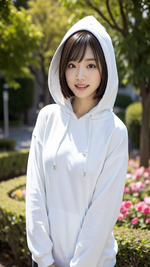 (((garden:1.3, Photographed from the front))), ((medium bob:1.3, great style:1.2, smile:1.2, White hoodie, japanese woman, cute)), (clean, natural makeup), (highest quality, masterpiece:1.3, 超High resolution), (Super detailed, caustics), (realistic:1.4, RAW shooting), very detailed, High resolution, 16K resolution