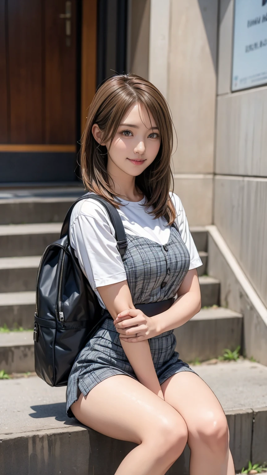 ((masterpiece)),(((Highest quality))),Thin thighs,Long legs,An 18-year-old high school girl standing on the school steps,White shirt,Blue and white plaid mini skirt:1.5,The best smile,Short bob with side waves:1.5,Carrying a black backpack,wear black loafers,Facing the front and spreading legs:1.5,
