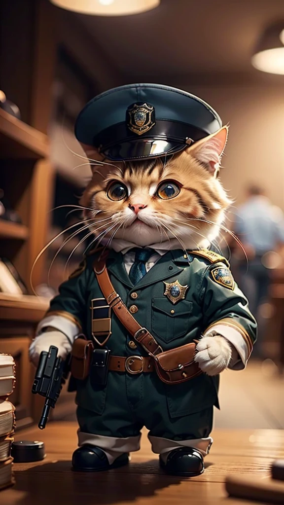 HDR,UHD,8K,Highly detailed,best quality,masterpiece,maomi,lovely,get down on the table,military uniform,police uniform,anger,police department,take a pistol,