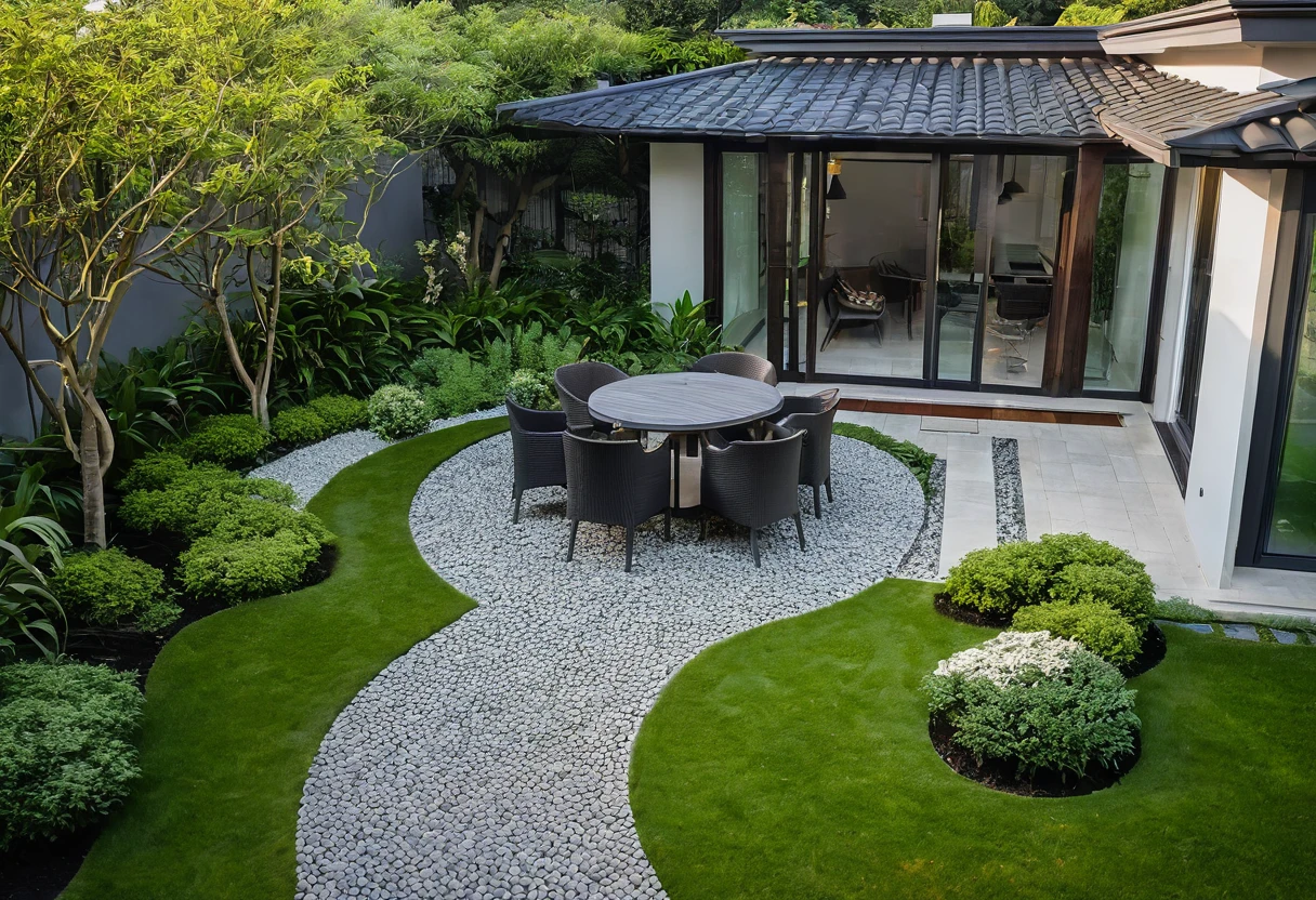 An aerial view of a beautifully designed modern European garden with a hint of Asian influence, featuring a sleek gazebo with a contemporary roof design, surrounded by lush green lawns, small grassy hills, and vibrant flowers. Shot with a high-quality DSLR camera, the smooth stone pathway winds through the garden, leading to a spacious BBQ area with a stylish grill and modern outdoor dining furniture. The pathway also leads to a sleek, modern gazebo with minimalist chairs and a table. The garden includes multiple grassy areas, small mounds forming gentle hills, a serene pond with a waterfall cascading over a hòn non bộ rock formation, and small clear ponds, incorporating Asian-inspired plants that add tranquility to the setting. Soft, ambient lighting enhances the cozy atmosphere. Shallow depth of field, focused foreground, bokeh background. ((8k)), high quality detail, harmonious and inviting garden.
