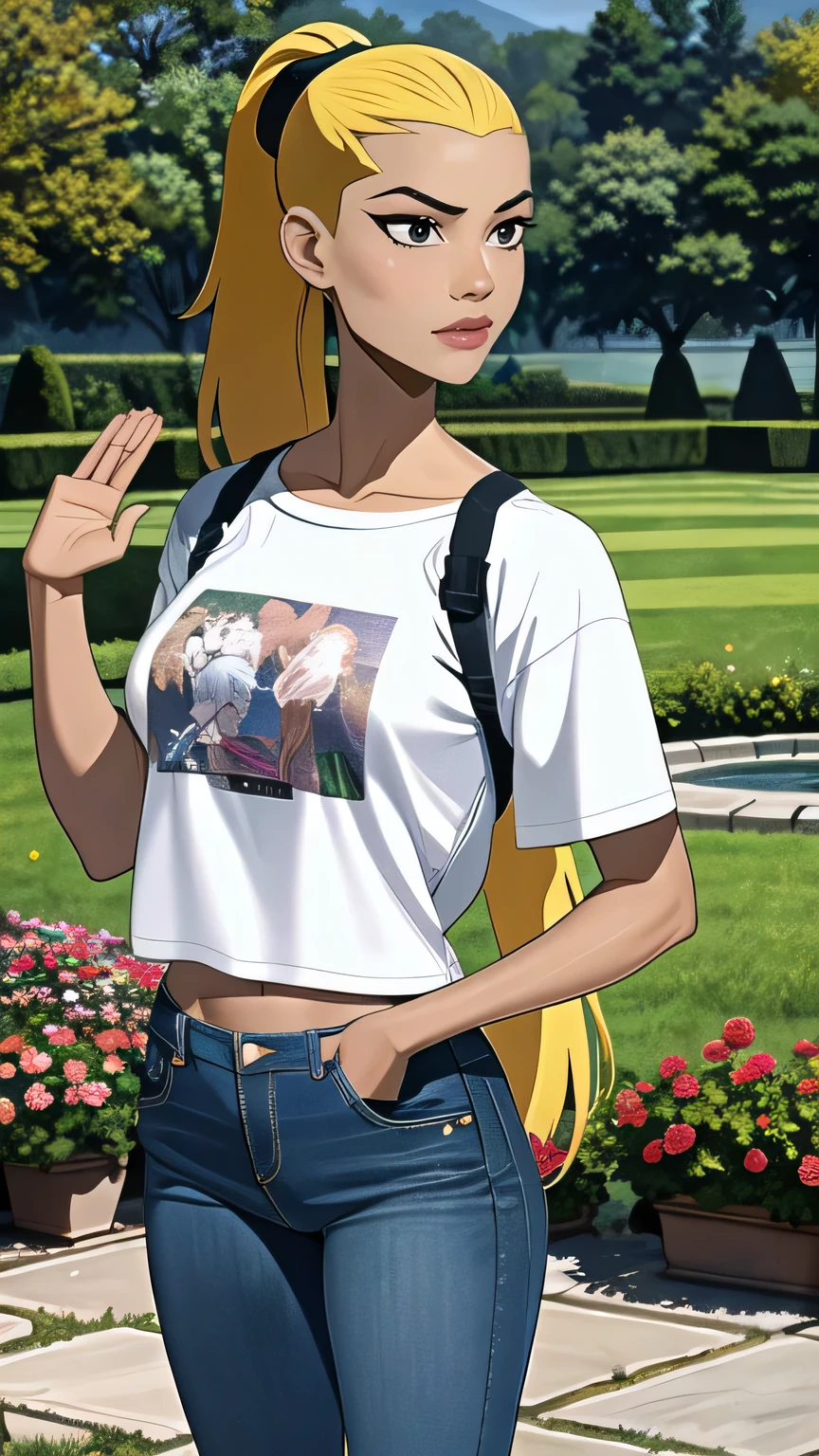 (cowboy shot), (masterpiece, best_quality, ultra-detailed, immaculate:1.3), epic, illustration,
BREAK
ArtemisYJ, ponytail,super long hair,
(Crop plan White t-shirt ),jeans,medium breast 
BREAK
(courtyard, garden, outdoors, gorgeous view)