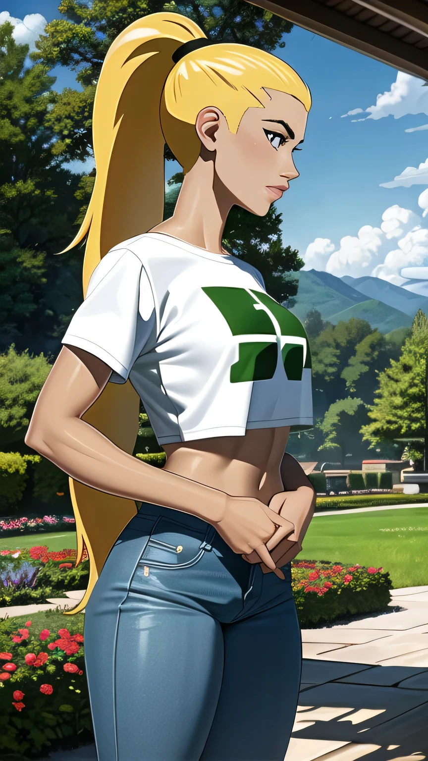 (cowboy shot), (masterpiece, best_quality, ultra-detailed, immaculate:1.3), epic, illustration,
BREAK
ArtemisYJ, ponytail,super long hair,
(Crop plan White t-shirt ),jeans,medium breast 
BREAK
(courtyard, garden, outdoors, gorgeous view)