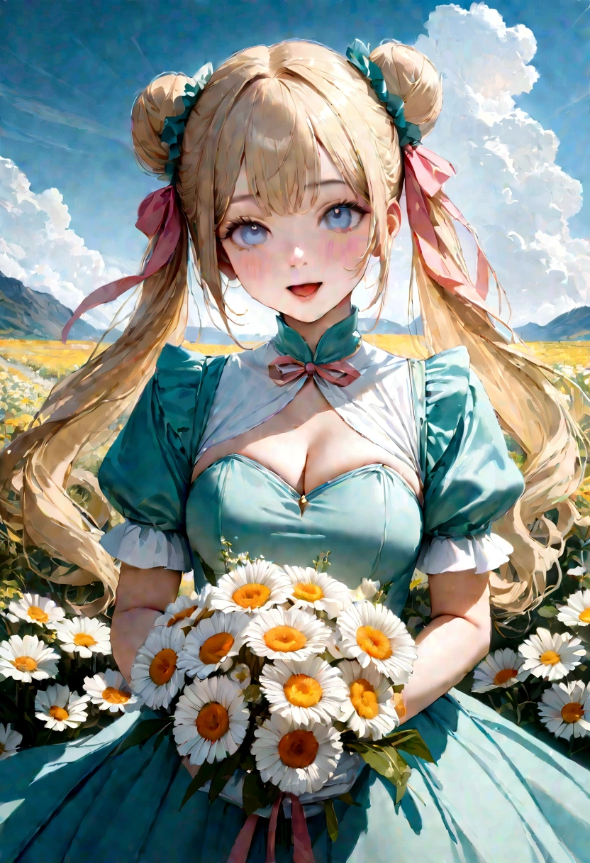 20 years old,1 girl,hyperrealistic, 8k, (extremely detailed 8k), (very delicate and beautiful), (masterpiece), (better quality:1.0), (ultra high resolution:1.0), (masterpiece, best quality), cute,blonde,cleavage cutout,(broen dress:1.3),(crop top navel:1),gleaming skin,twintails,twin bun,a pink ribbon on the head,long hair,pastel green frill Chinese-made dress,white long gloves,hold a bouquet of flowers,face and body straight at the camera,a bunch of flowers,POV,bust shot,white frill,puffy sleeves,surrounded by flowers,laugh with open mouth,tareme,sky blue eyes