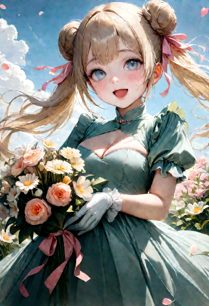 20 years old,1 girl,hyperrealistic, 8k, (extremely detailed 8k), (very delicate and beautiful), (masterpiece), (better quality:1.0), (ultra high resolution:1.0), (masterpiece, best quality), cute,blonde,cleavage cutout,(broen dress:1.3),(crop top navel:1),gleaming skin,twintails,twin bun,a pink ribbon on the head,long hair,pastel green frill Chinese-made dress,white long gloves,hold a bouquet of flowers,face and body straight at the camera,a bunch of flowers,POV,bust shot,white frill,puffy sleeves,surrounded by flowers,laugh with open mouth,tareme,sky blue eyes