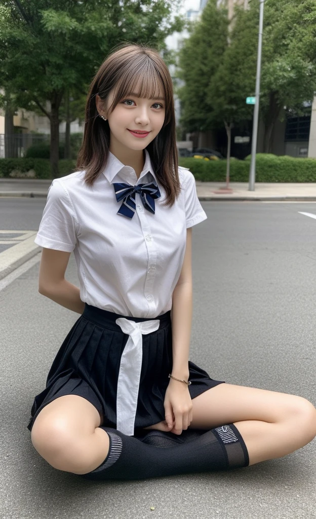 hi-school girl (8K, Highest quality, masterpiece: 1.2), (Realistic, photoRealistic: 1.2), sitting, (Panty shot)))), (Spread your legs)))), alone, Beautifully defined skies, night, Wet, Observe the audience, (sit: 1.5), date, future, (Nose brush), smile, Big Breasts, Beautiful Eyes,), (Dark Blonde: 1), (short hair :1.1), Panty shot, Spread your legs, skirt, , White panties, socks, Black Hair, shirt, Blurred, Blurred background, Knee-length, 白のshirt, loafers, Realistic, Long Hair, lips, Brown eyes, 黒いsocks, tie, プリーツskirt, bow, Headrest, landscape, Outdoor, Brown footwear, masterpiece, Highest quality, Very detailed, ((((Panty shot))), (((Spread your legs))),