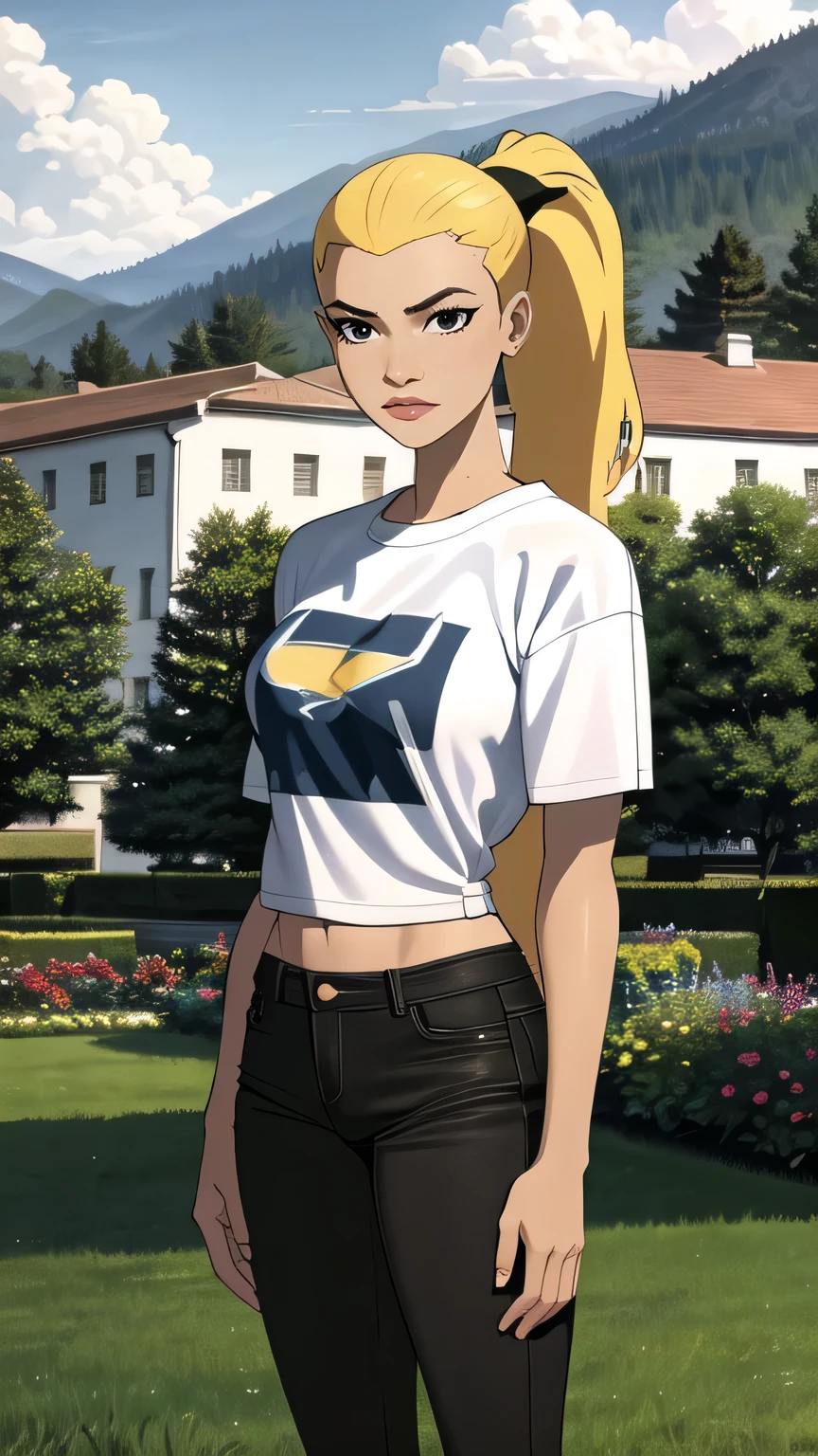 (cowboy shot), (masterpiece, best_quality, ultra-detailed, immaculate:1.3), epic, illustration,
BREAK
ArtemisYJ, ponytail,super long hair,
(Crop plan White t-shirt ),jeans,jacket ,medium breast 
BREAK
(courtyard, garden, outdoors, gorgeous view)